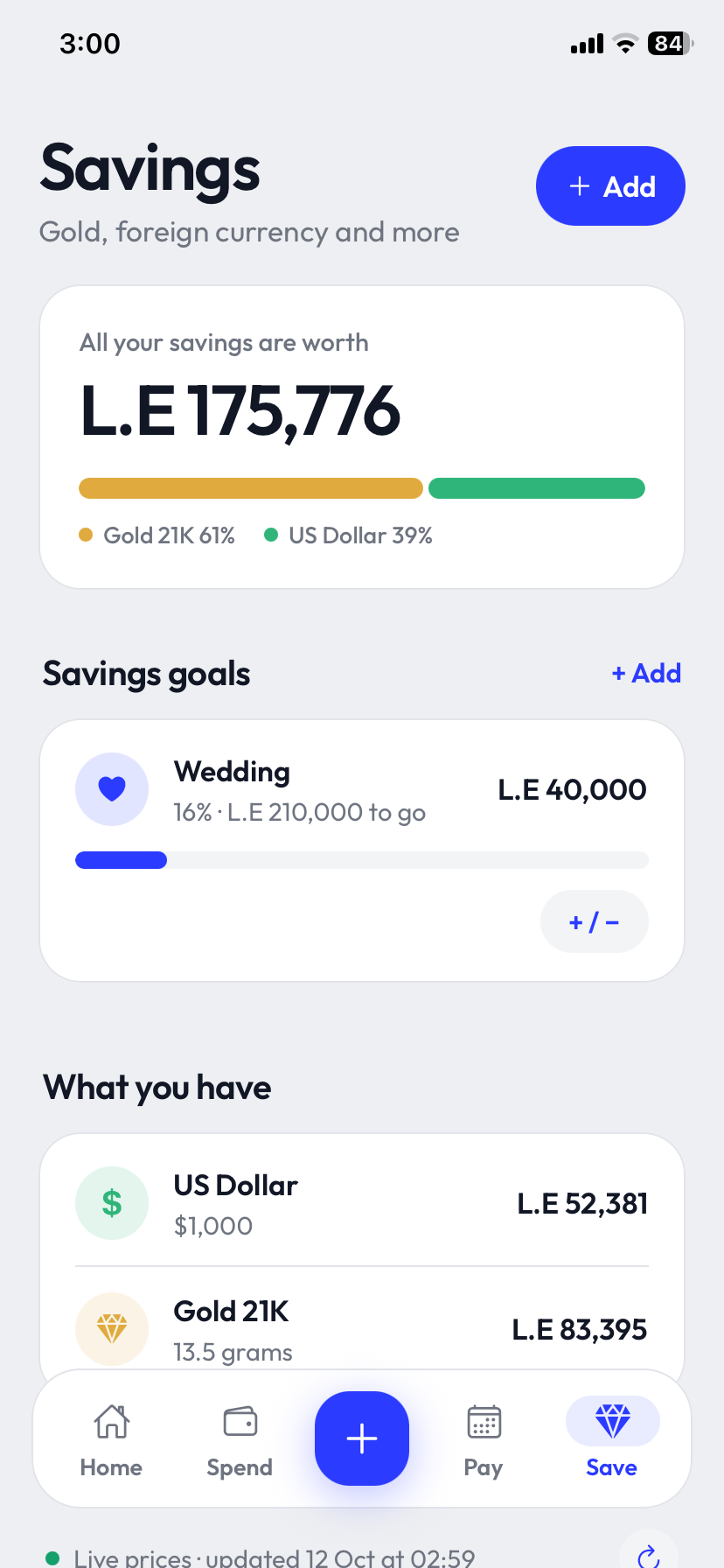 Fakka savings screen with gold and dollars