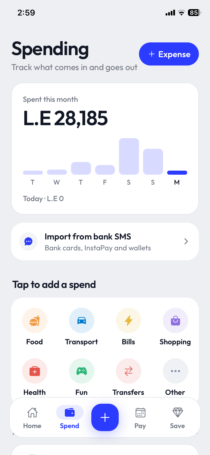 Fakka spending screen with the week chart